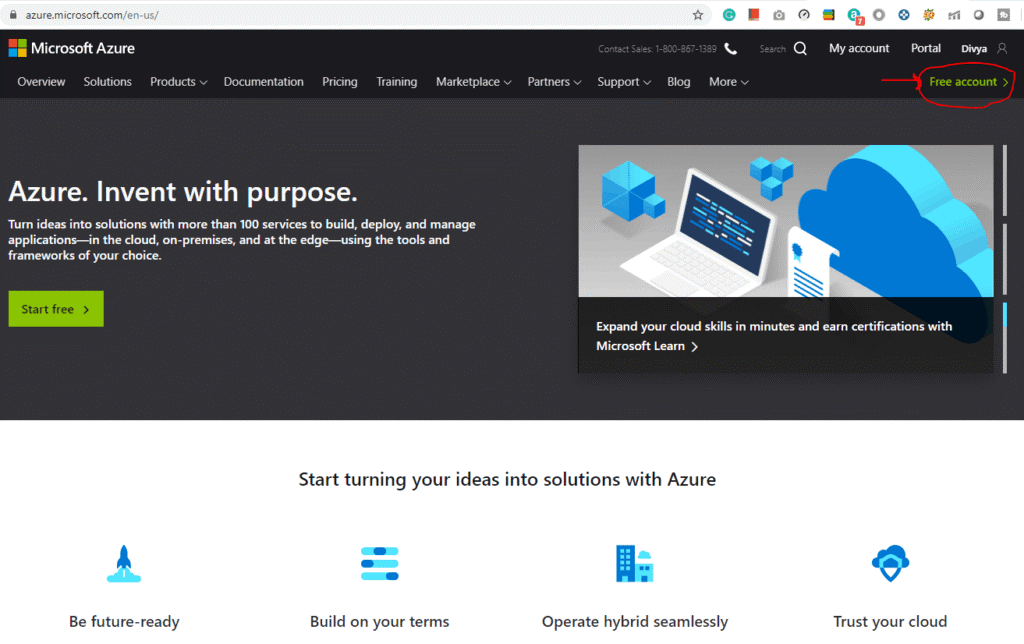On the upper right corner, click on Free Azure Account.